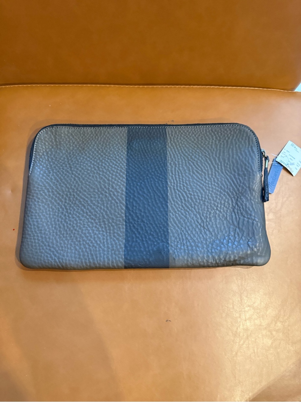 Madewell Gray Leather Clutch with Navy Center Stripe